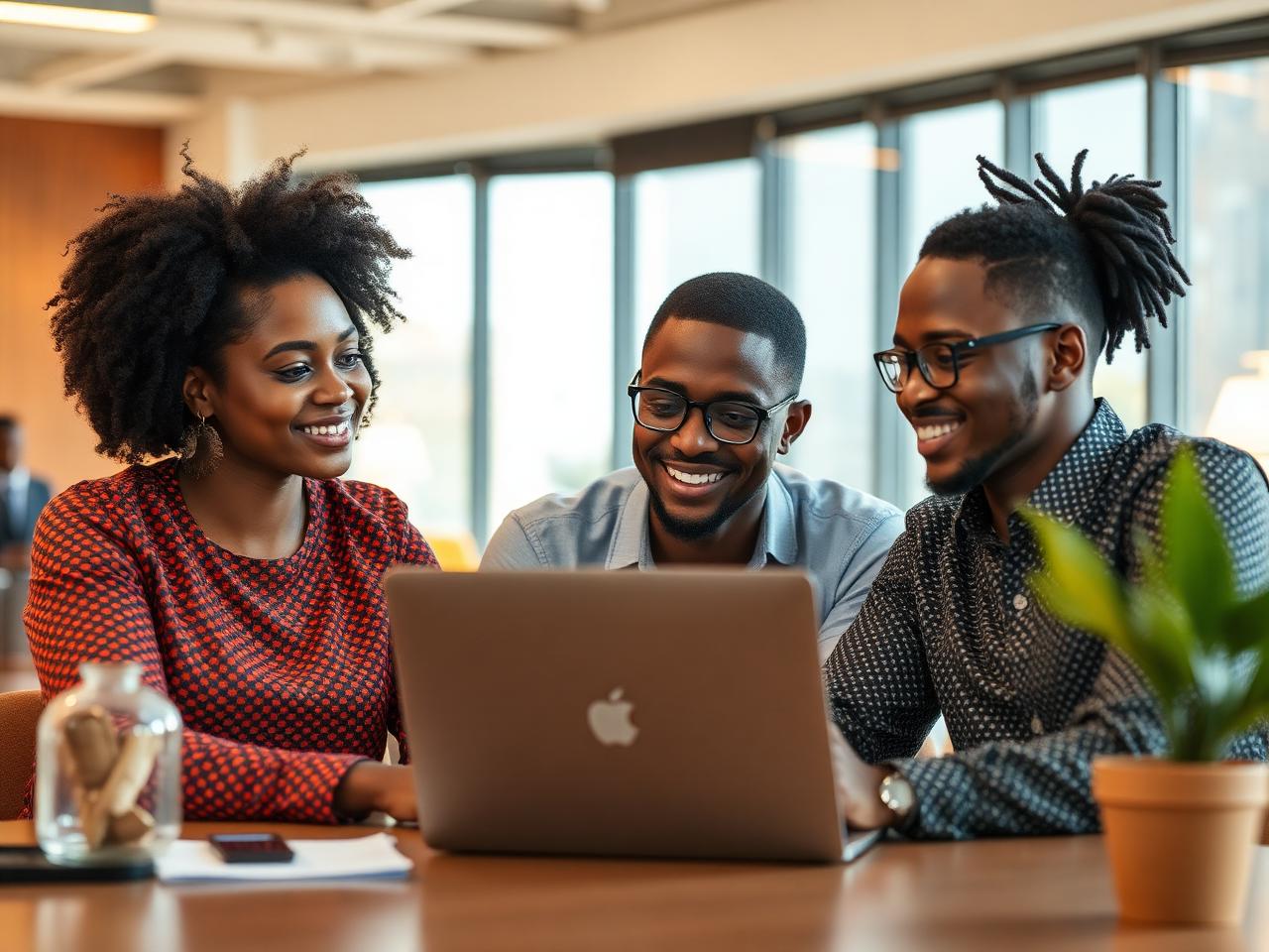 Jovens empreendedores angolanos a estudar num espaço de trabalho em Luanda